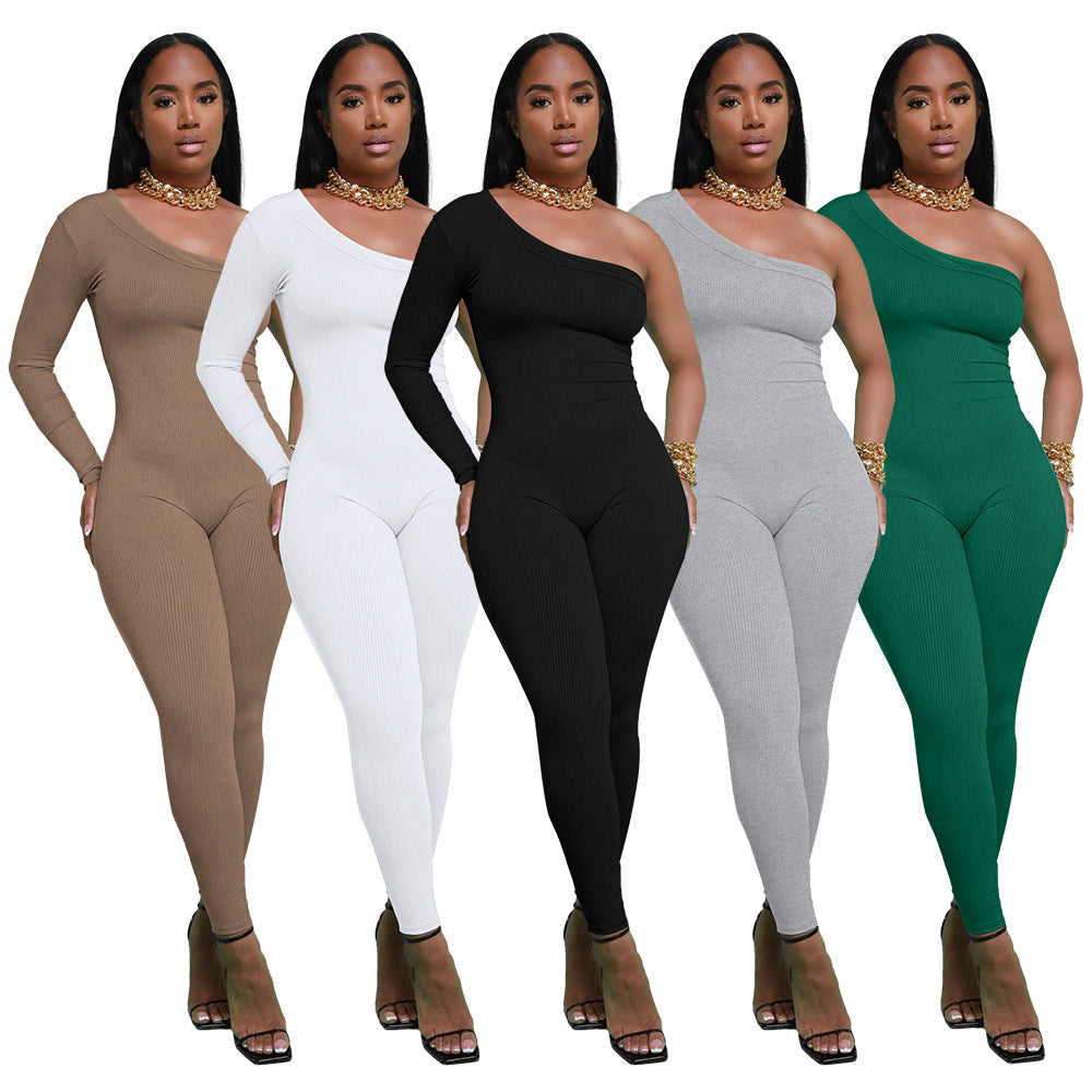 Pit Striped Oblique Shoulder Slim Fit Solid Color Jumpsuit