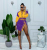 Split color-block long sleeve short skirt set stretch two-piece