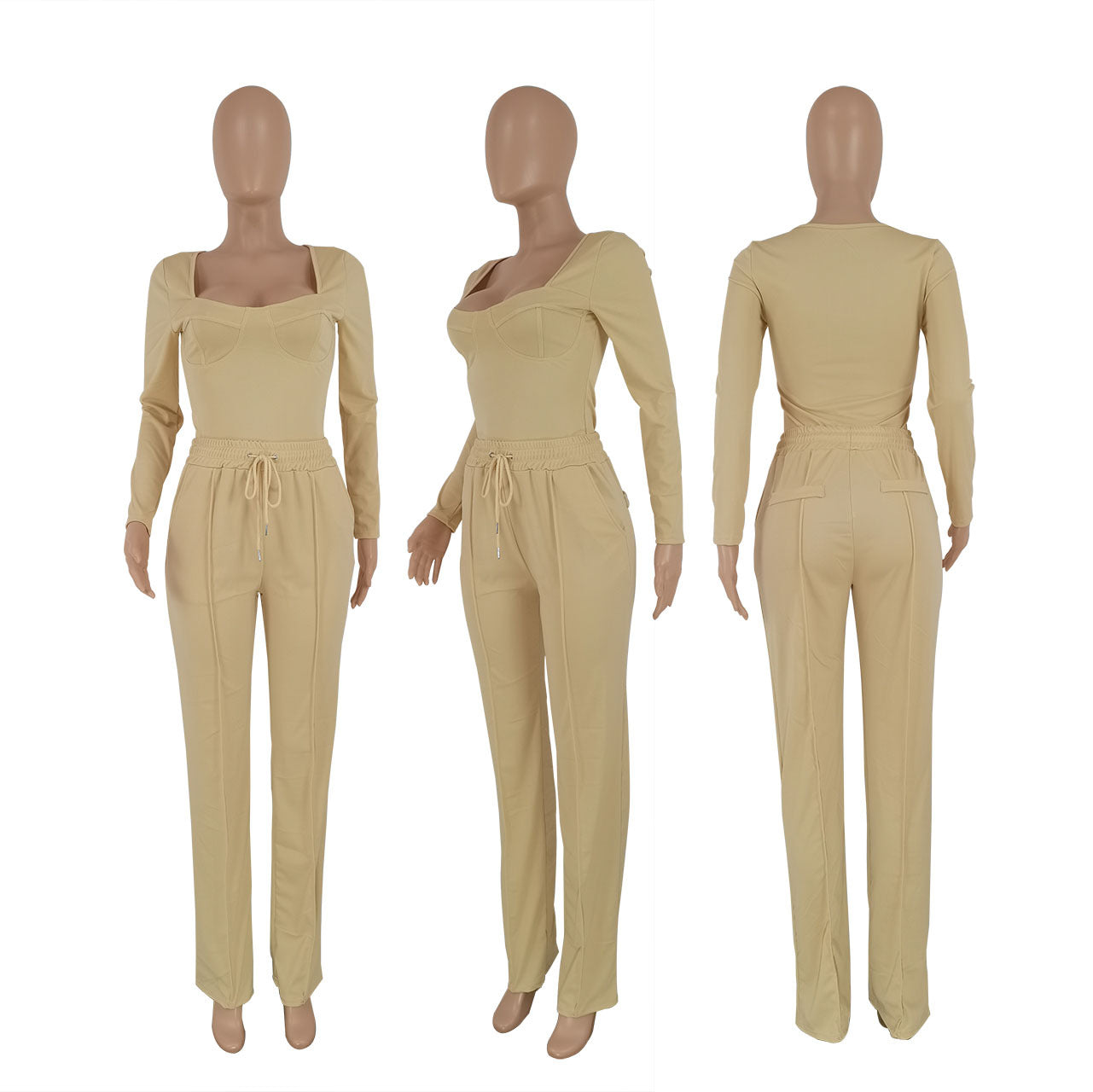 Long sleeved solid color low cut two-piece set