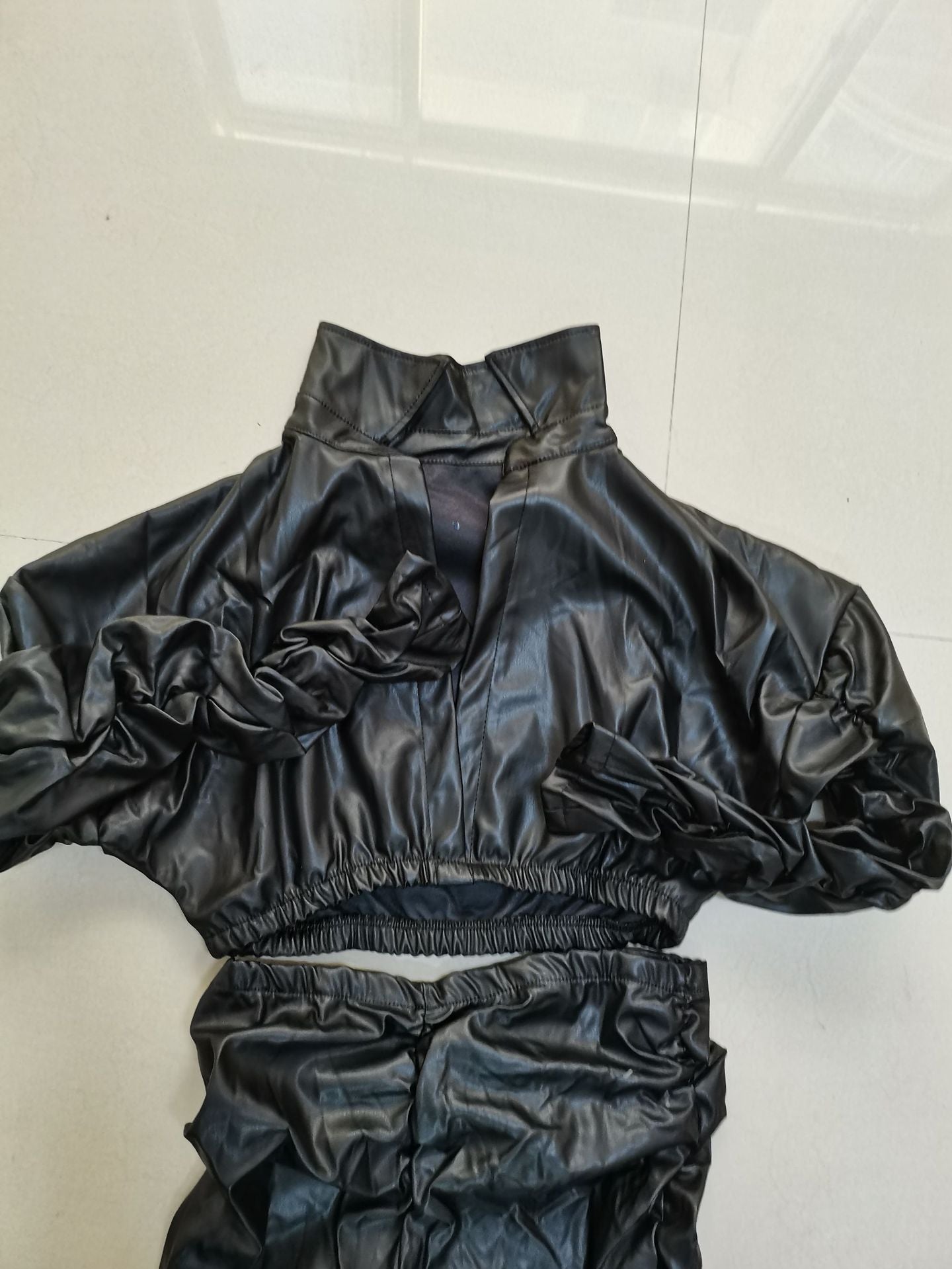 Solid color PU pleated 2PC set