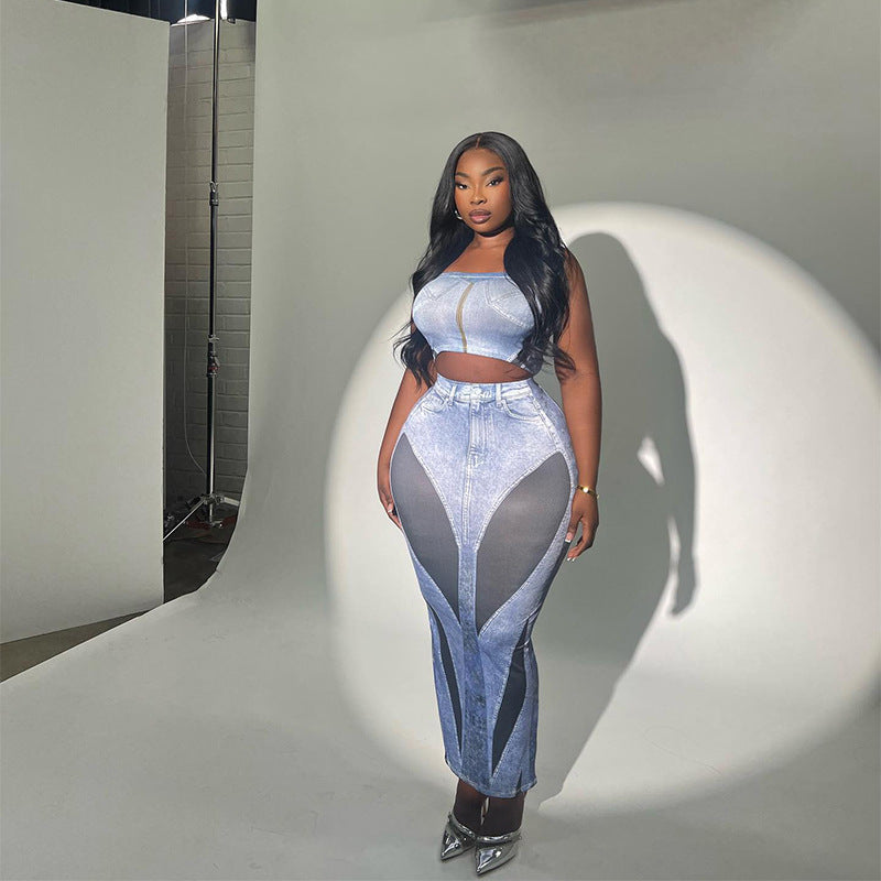 3D Denim Printing Camisole High Waist Slim Fit Skirt Suit