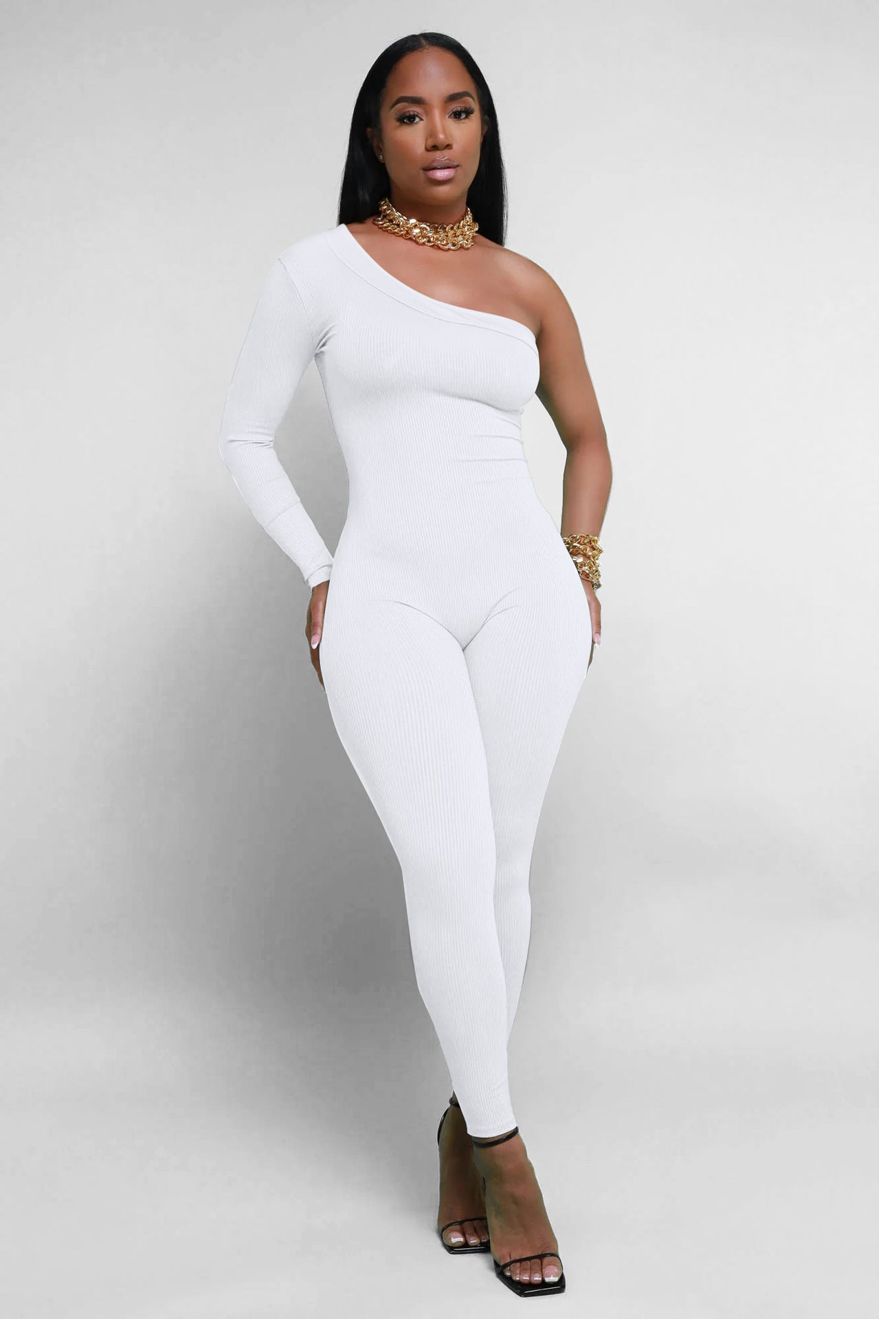Pit Striped Oblique Shoulder Slim Fit Solid Color Jumpsuit