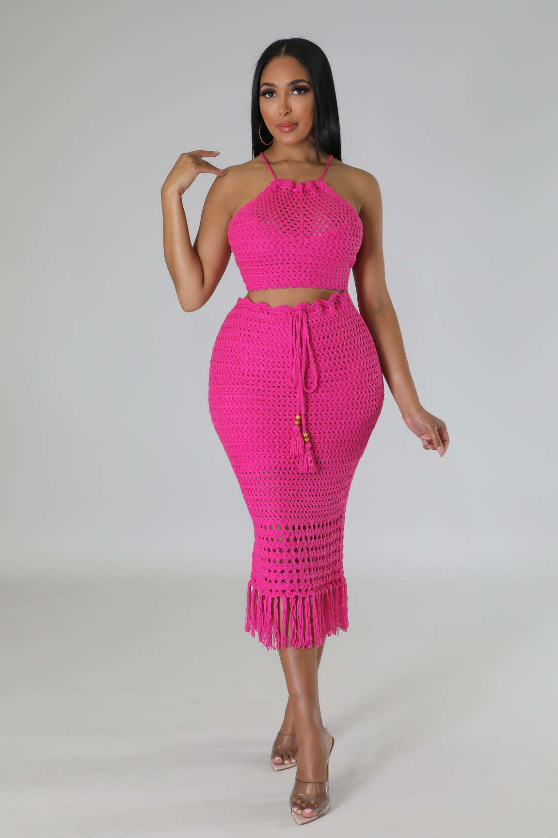 Tassel Fishing Net Knitted Two Piece Set