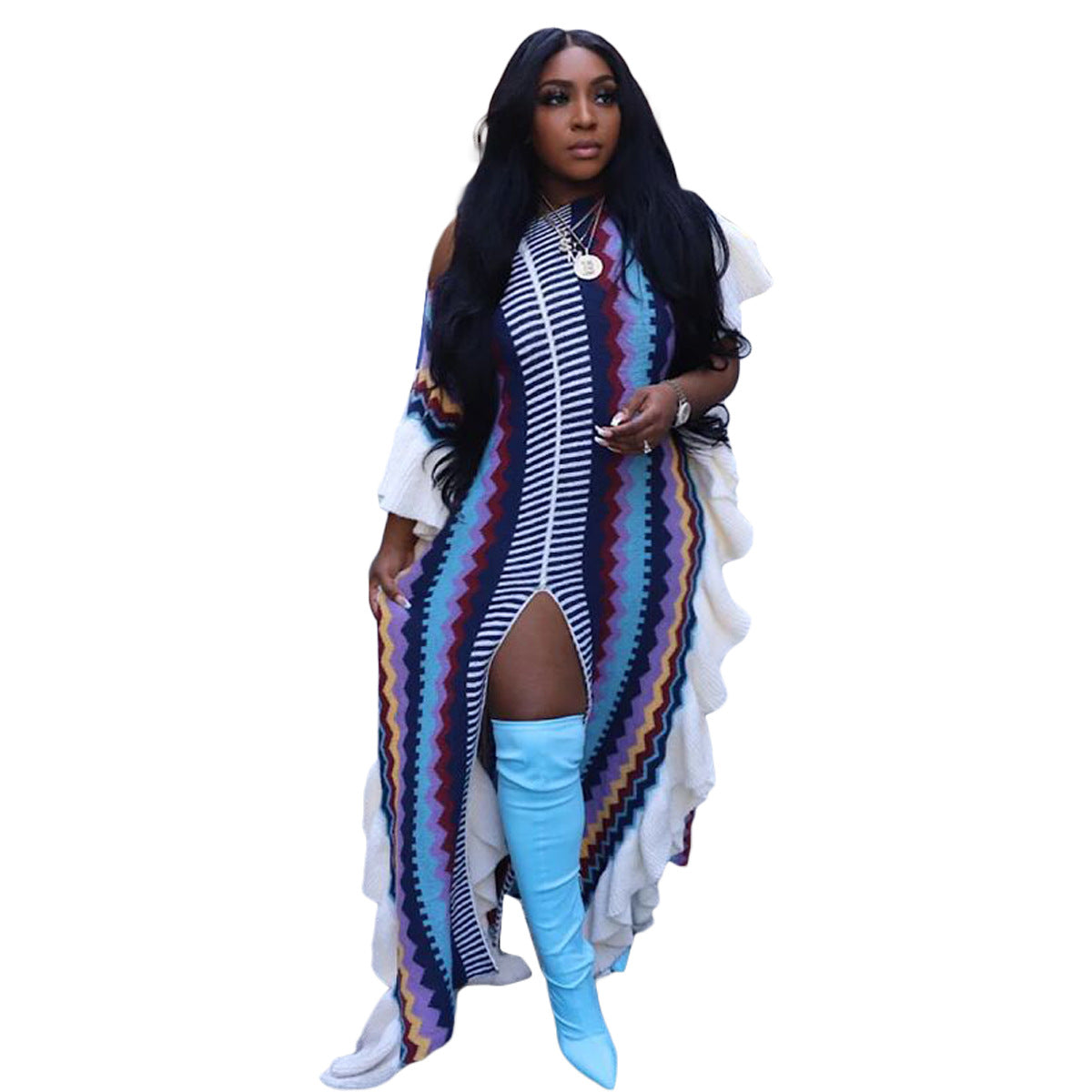 Ruffled Knitted Striped Slit Dress