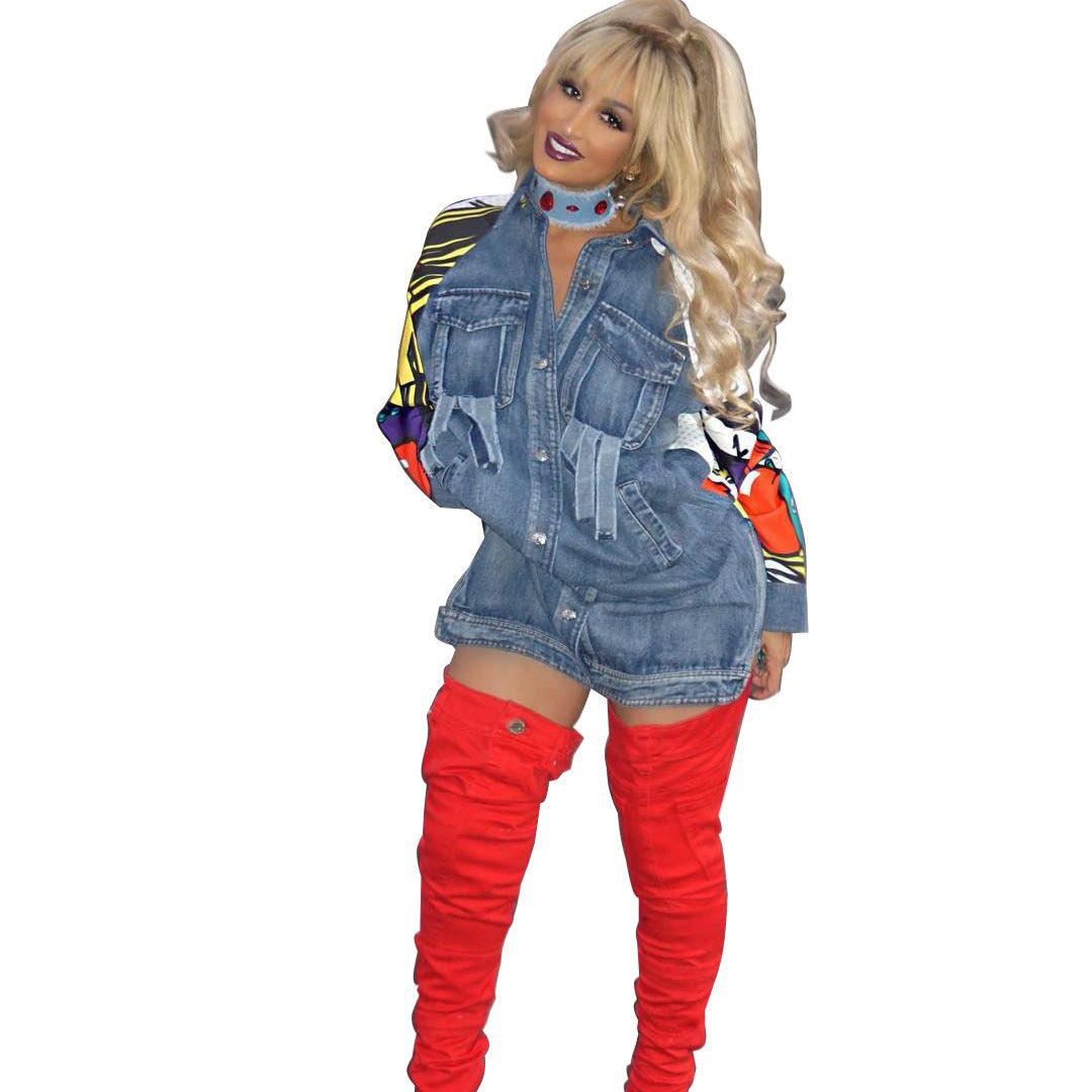 3D Digital Women's Printed Wear Long-Sleeved Denim Jacket