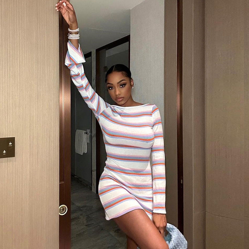 Striped Flared Sleeve Pullover Skirt Backless Waist Trimming A- line Skirt