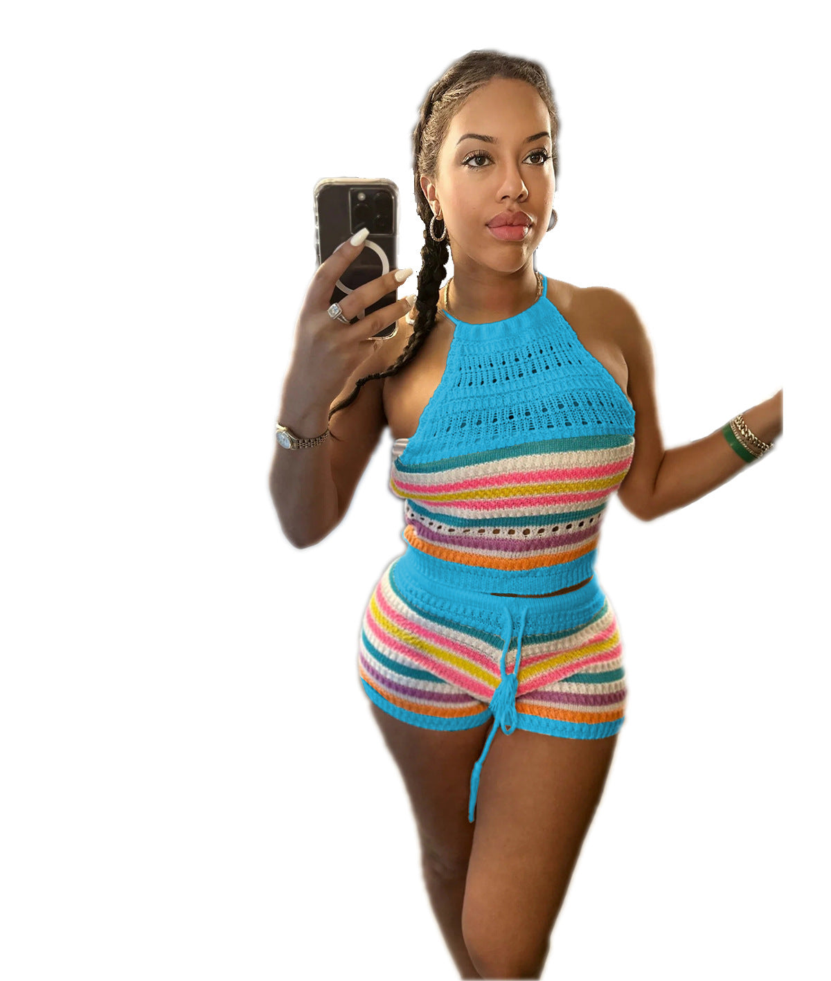 Knitted Backless Halter Top & Bottom 2PC Set