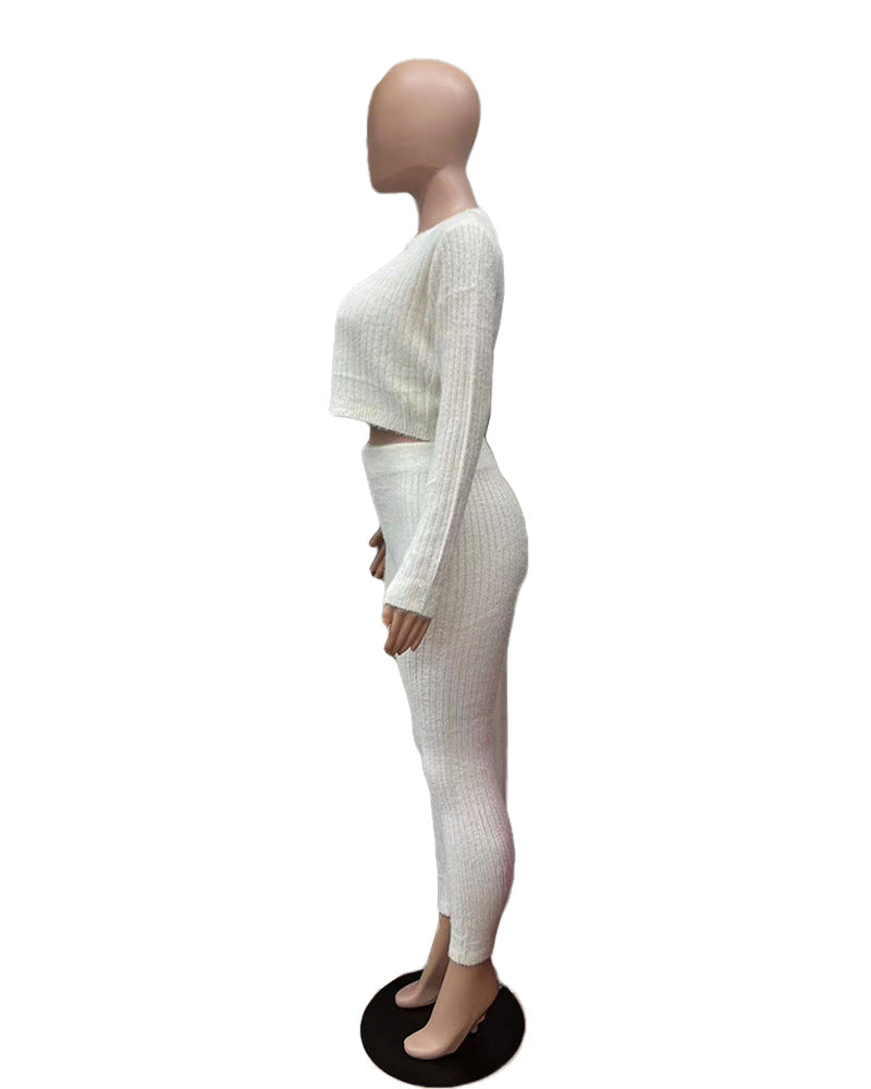 Solid Color Knitted Sweater Sexy Slim-Fit Cardigan 3PC Set