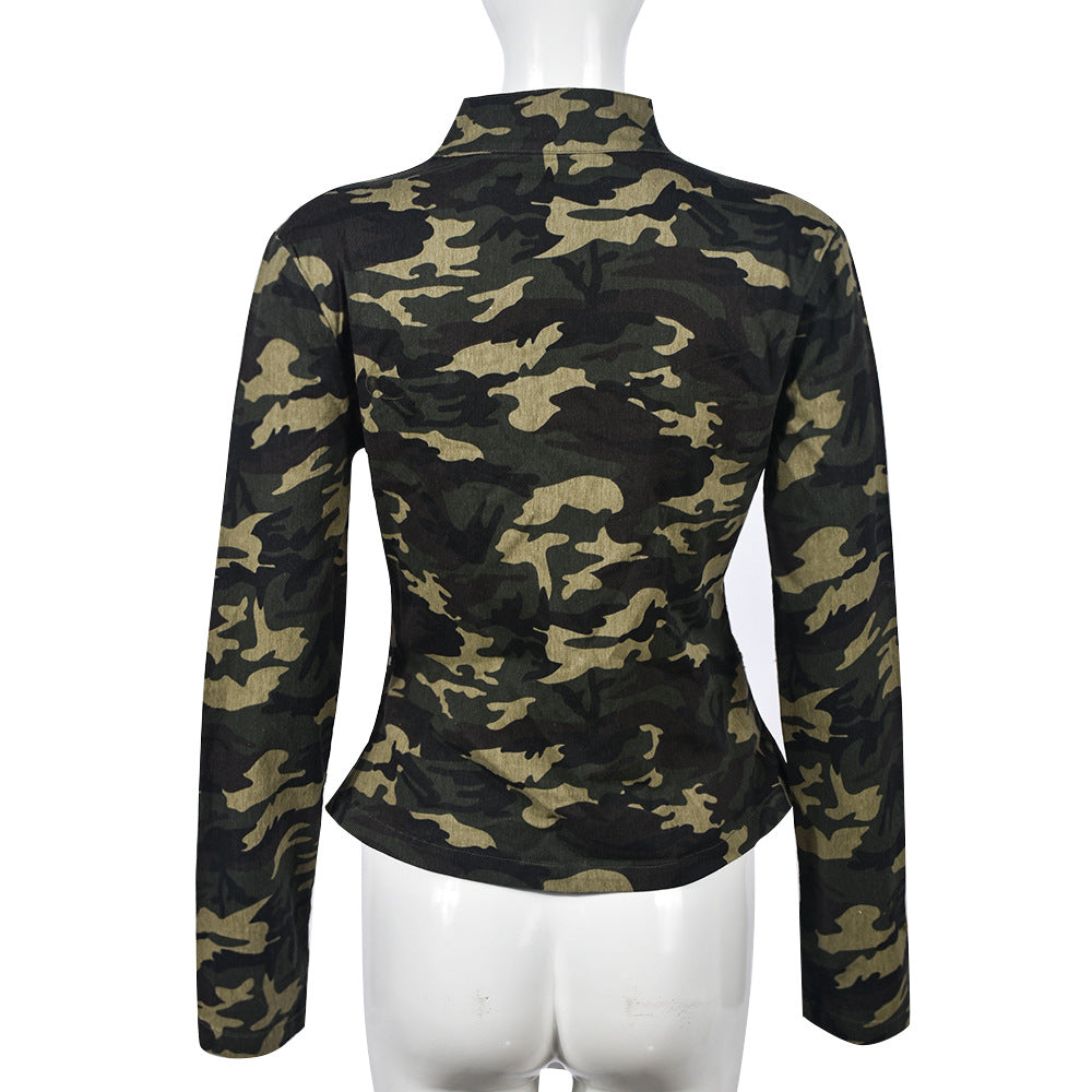 Camouflage Pocket Long-Sleeve Zipper Stand Collar Coat