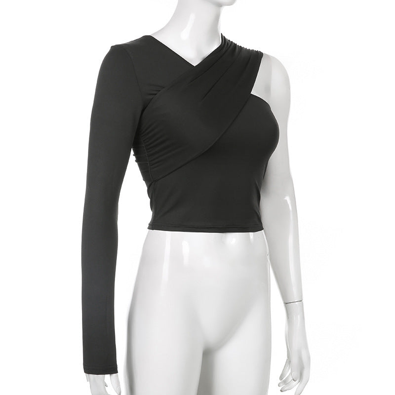 One Shoulder Asymmetric Solid Color Long Sleeve Top T-shirt