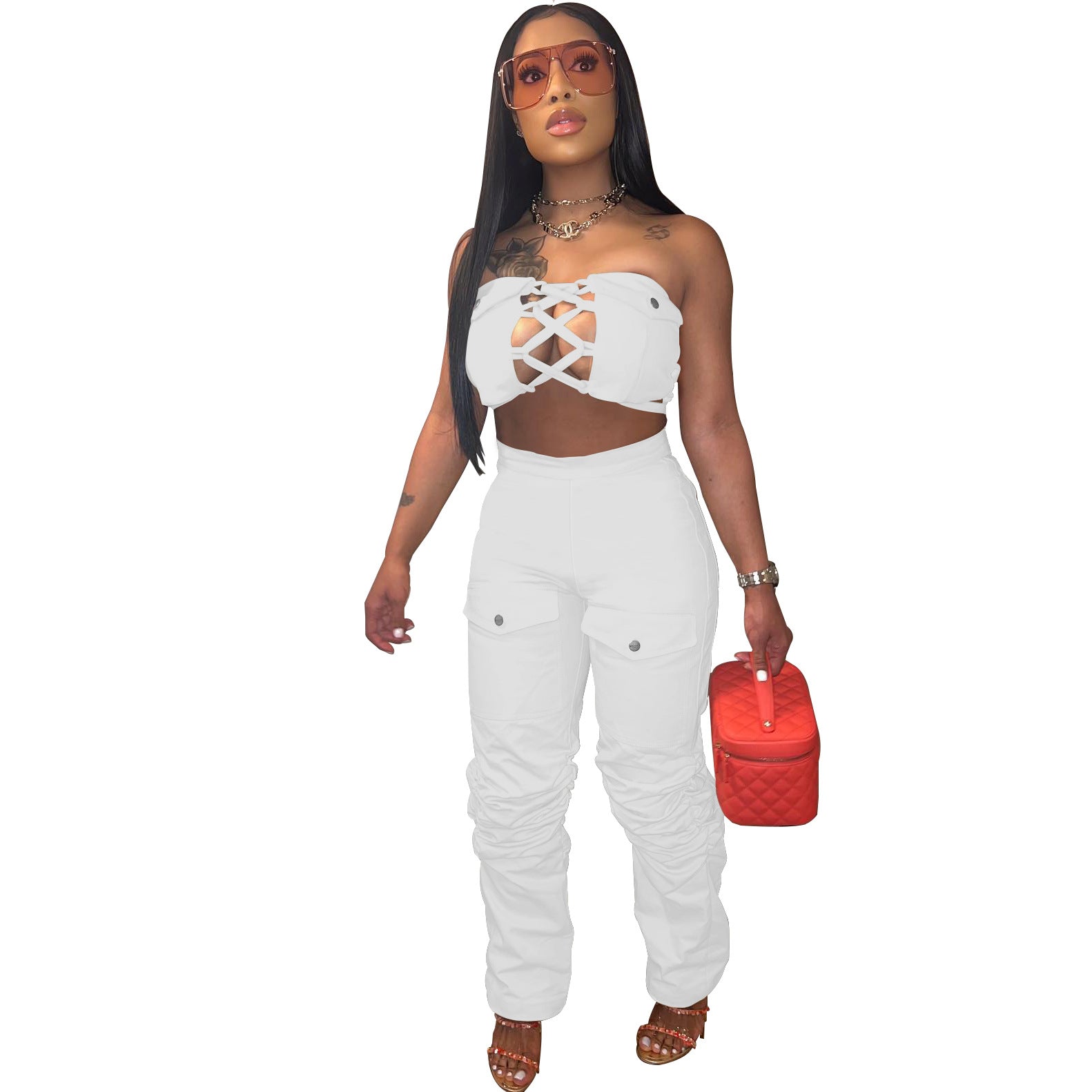 Sleeveless Lace-up Chest Wrap Vest Pants 2PC Set