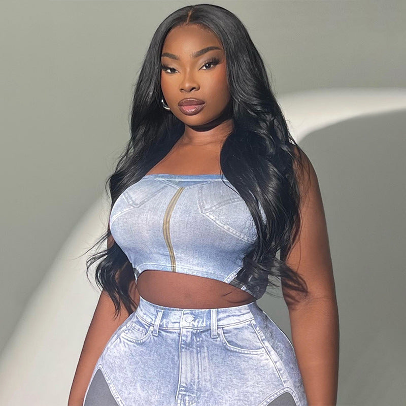 3D Denim Printing Camisole High Waist Slim Fit Skirt Suit