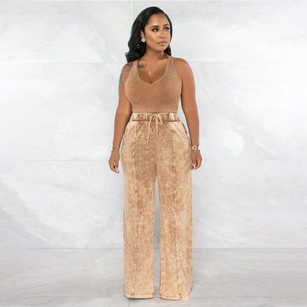 Sleeveless Open Waist Jacket Elastic Waist Wide-leg Pants Suit
