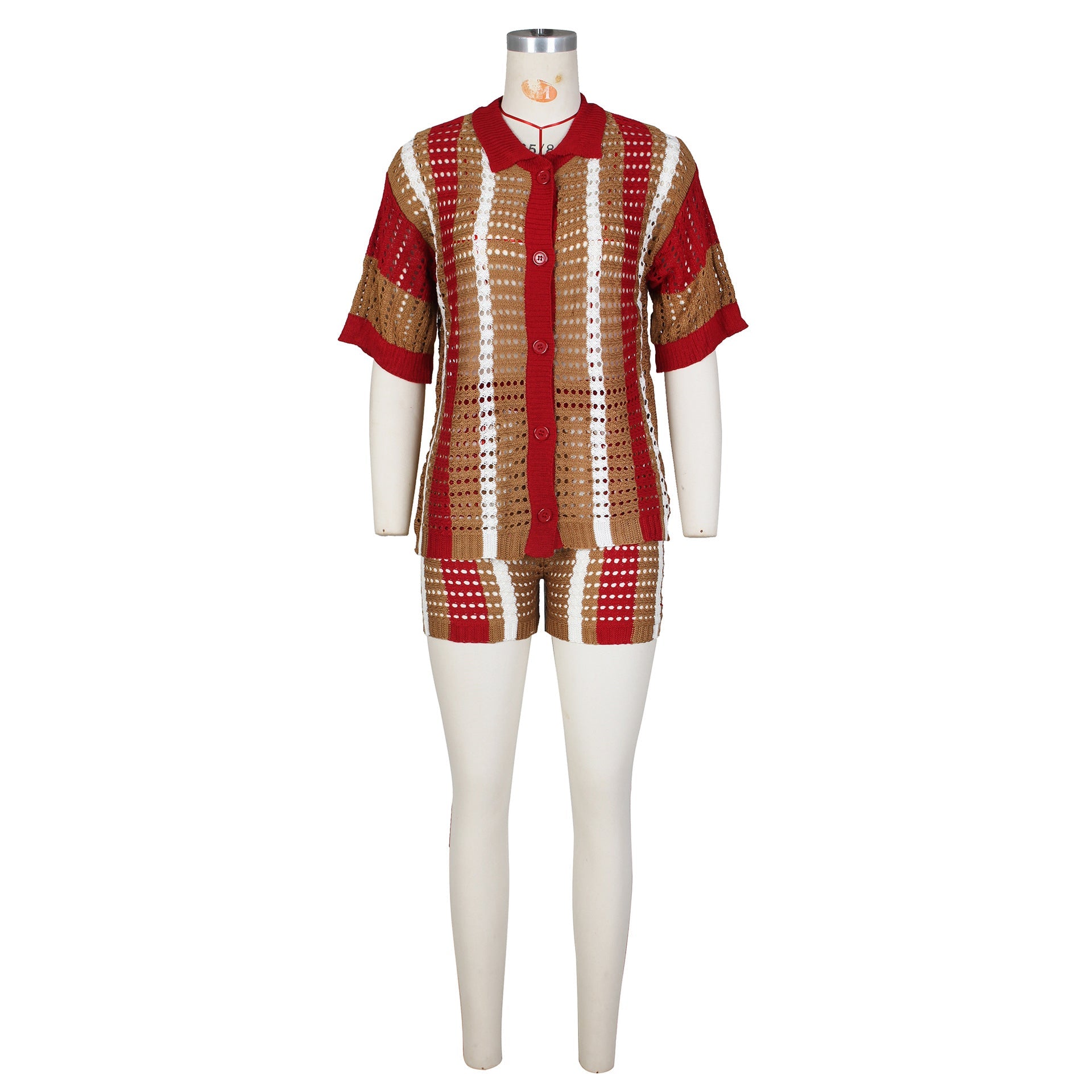 Hollow out See-through Contrast Color Lapels Knitted Shorts Suit