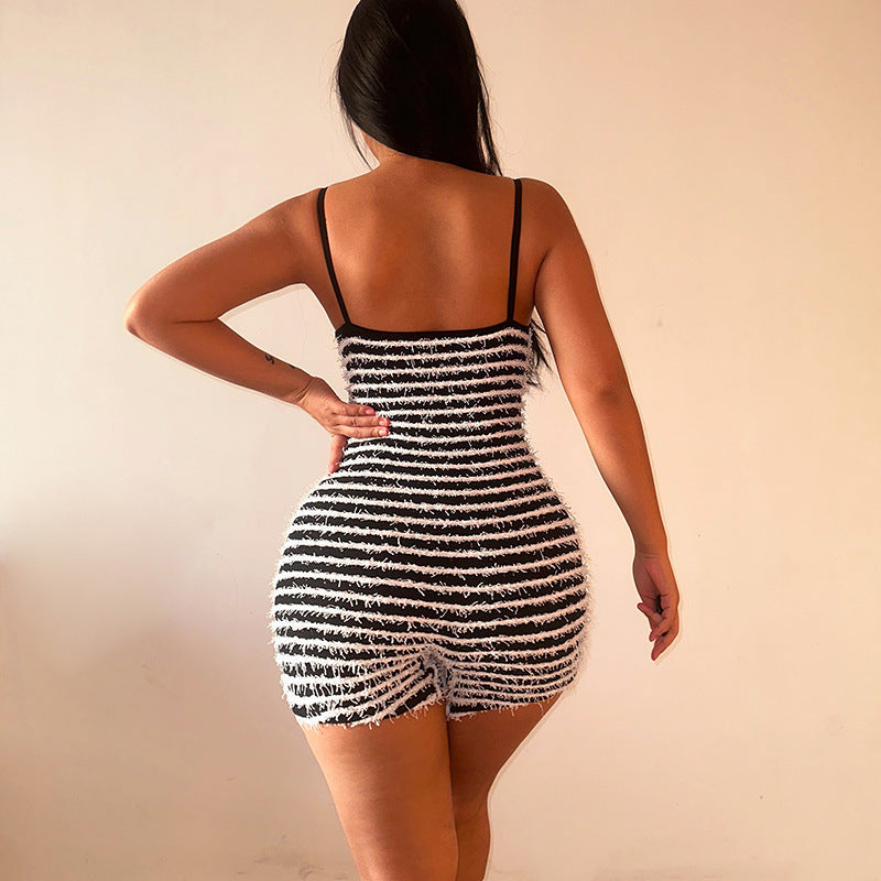 Sexy Black and White Striped One-Piece Shorts