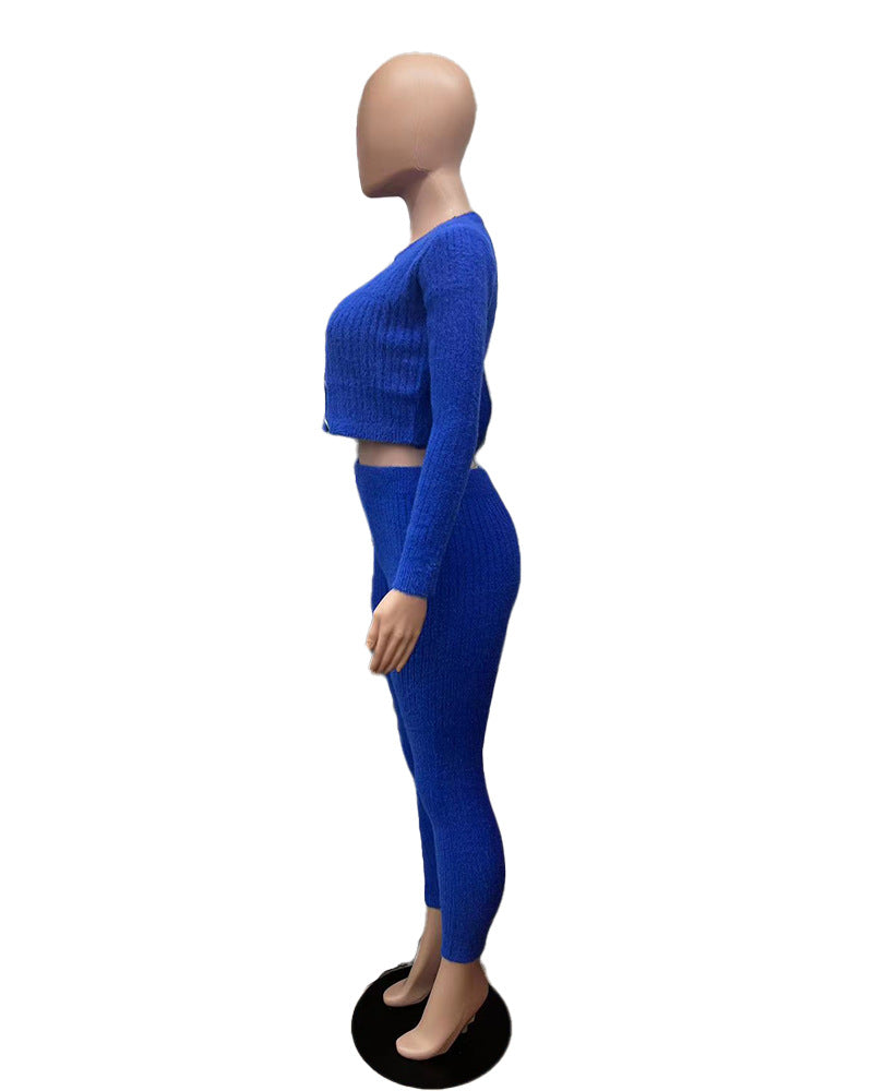Solid Color Knitted Sweater Sexy Slim-Fit Cardigan 3PC Set