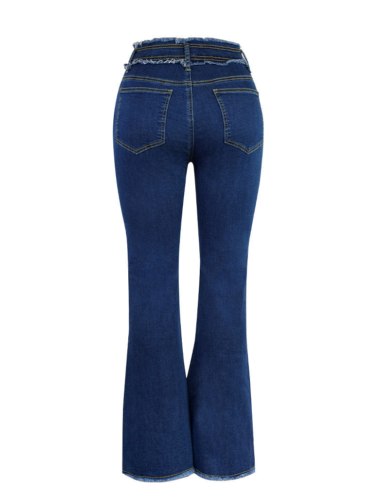 High Elastic Mid Waist Burrs Women's Denim Trousers