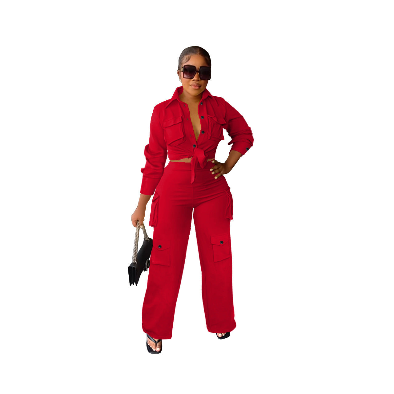 Long sleeves, long pants, cargo style, wide leg, solid color,2pc set