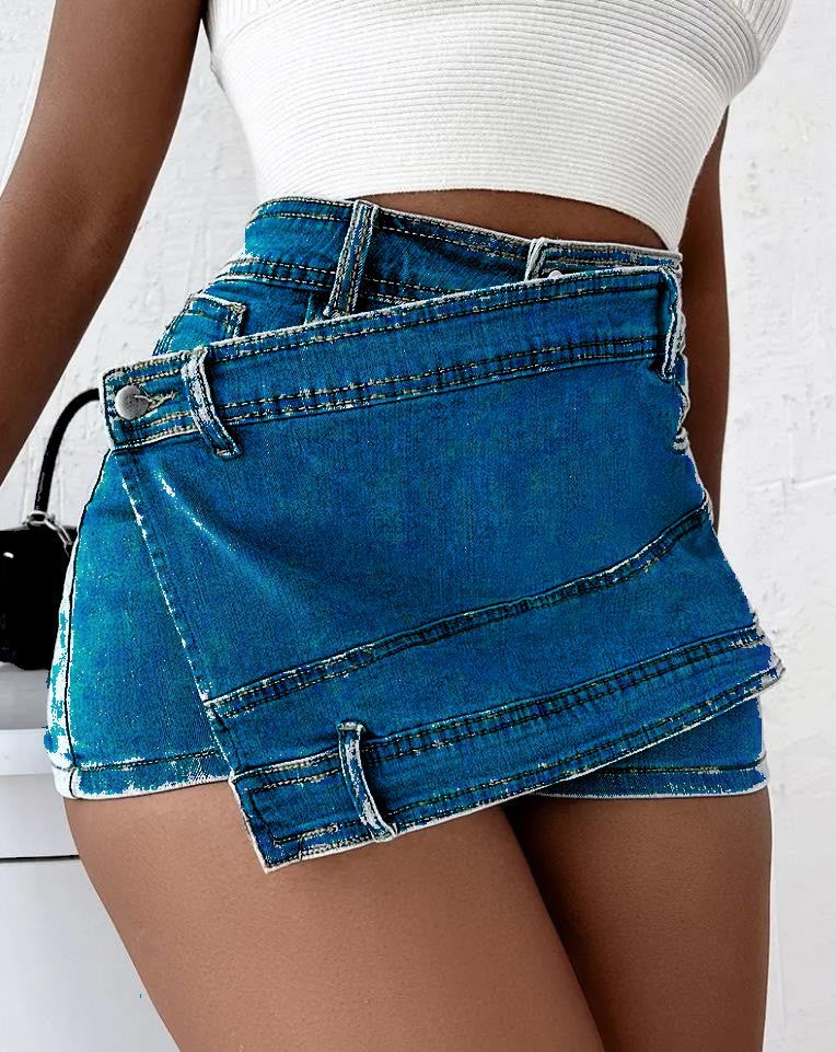 A- line High Waist Irregular Denim Skirt Shorts