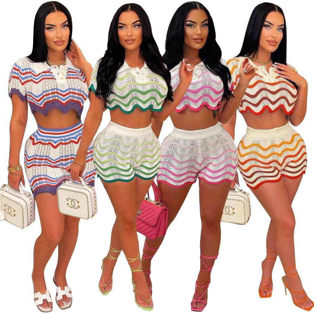 Striped Handmade Knit Casual Shorts Set