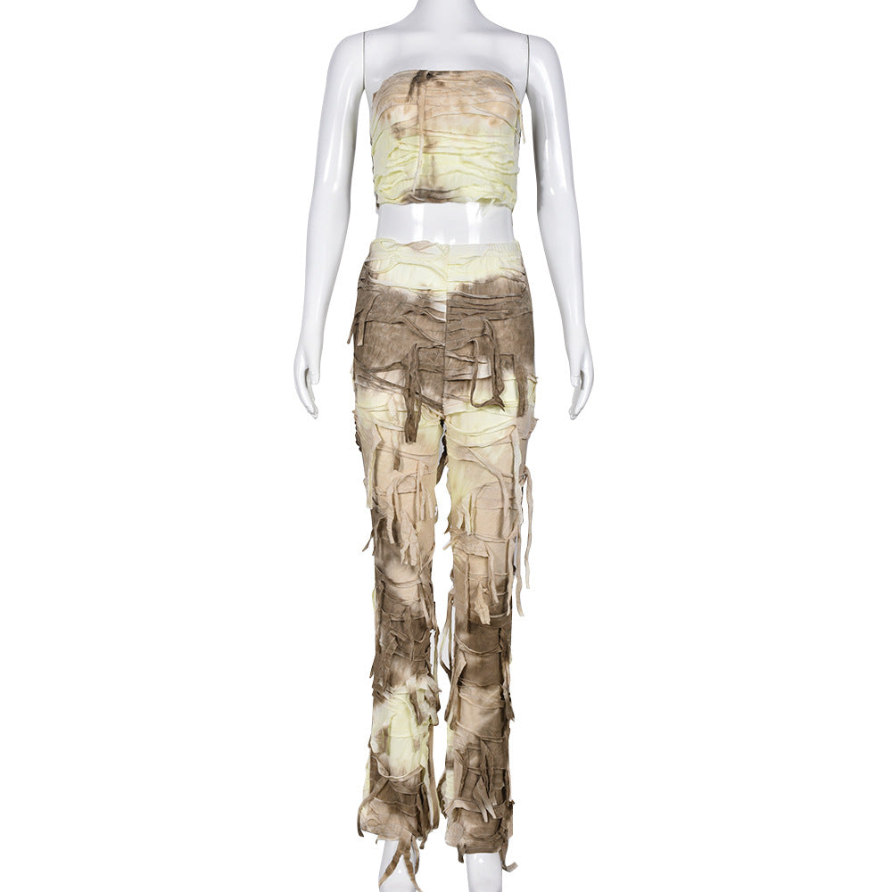 Navel Backless Tie-Dye Ghillie Suit 2pc set