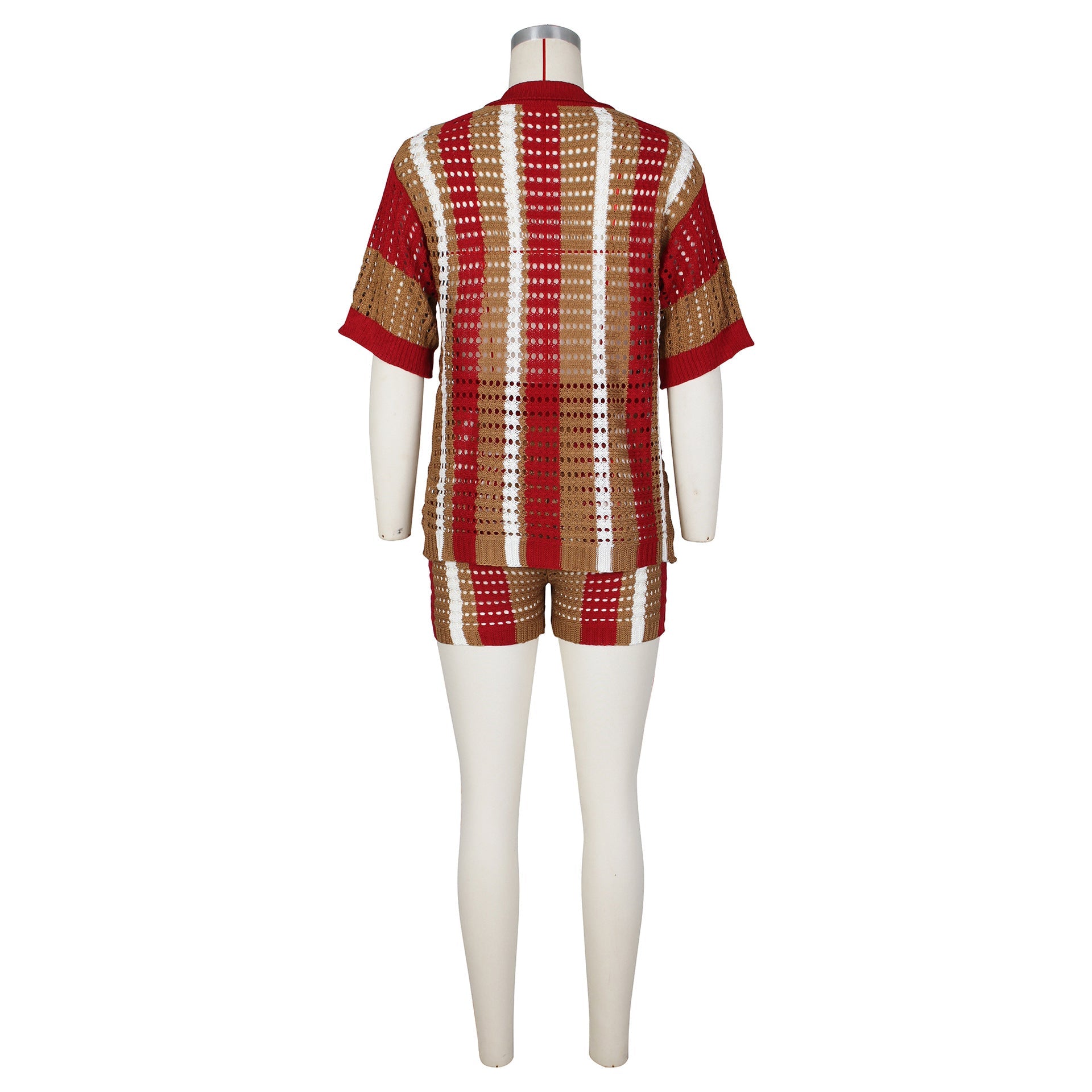 Hollow out See-through Contrast Color Lapels Knitted Shorts Suit