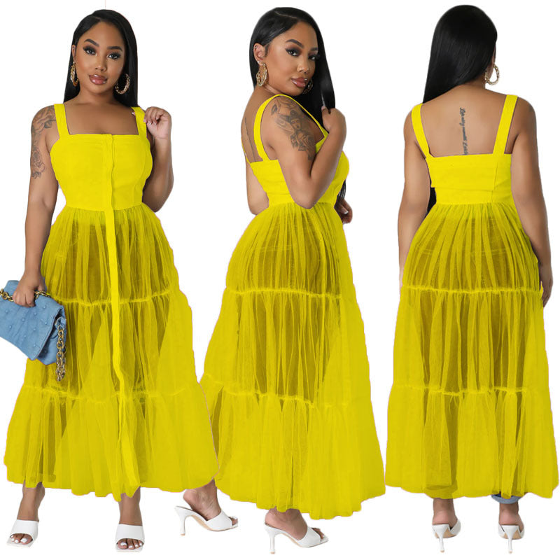 Straps Tulle Stitching Large Swing Dress
