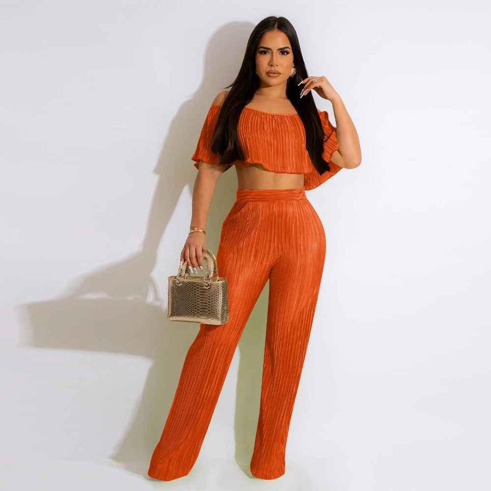 Pleated Ruffled Shoulder Wide-leg Trouser Set