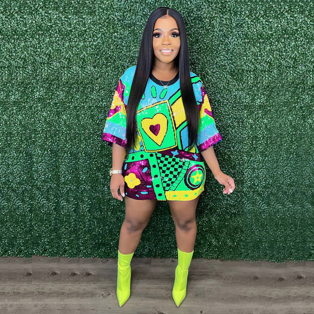 Loose Sequin Printed Dress
