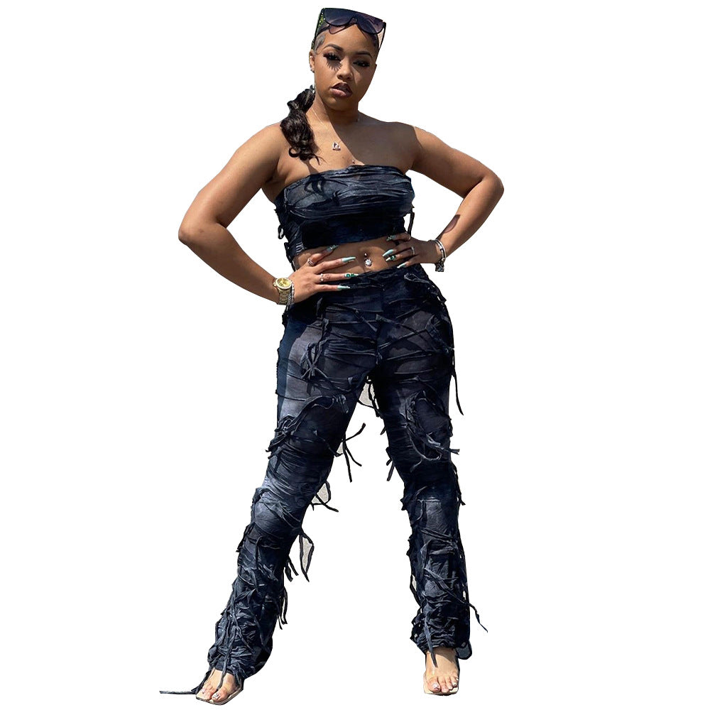 Navel Backless Tie-Dye Ghillie Suit 2pc set