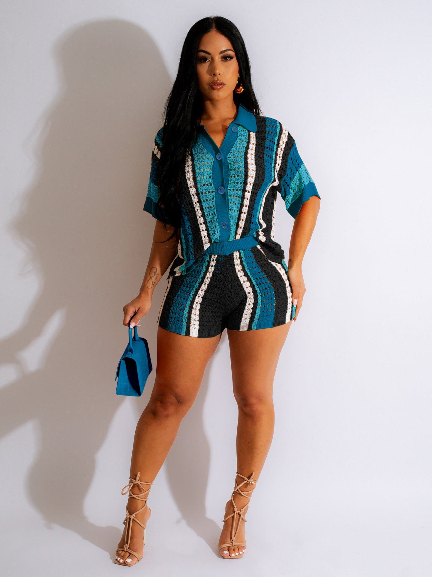 Hollow out See-through Contrast Color Lapels Knitted Shorts Suit