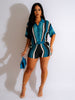 Hollow out See-through Contrast Color Lapels Knitted Shorts Suit