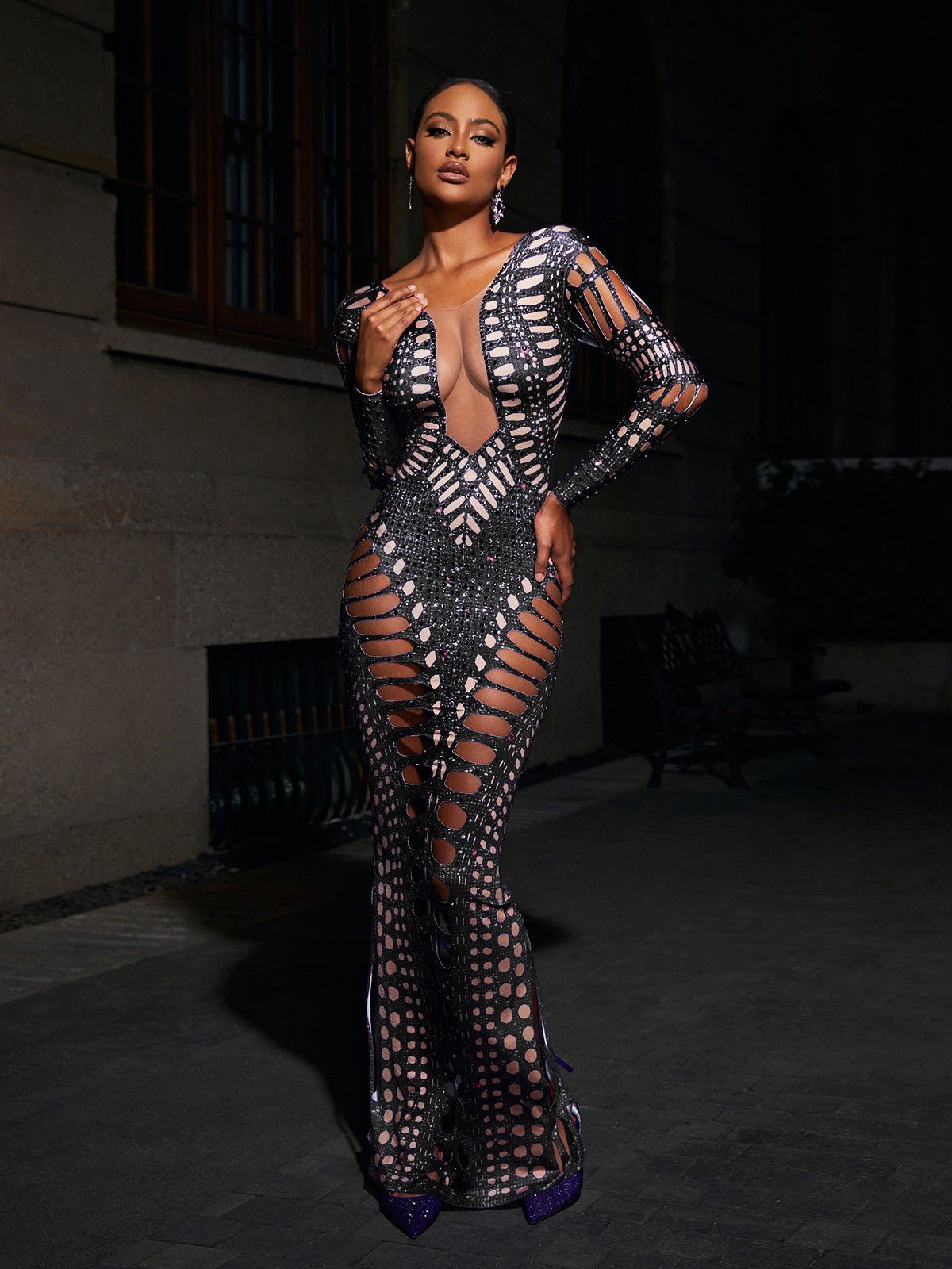 Ripped Skinny Sheath Dress Rhinestone Printed Dress