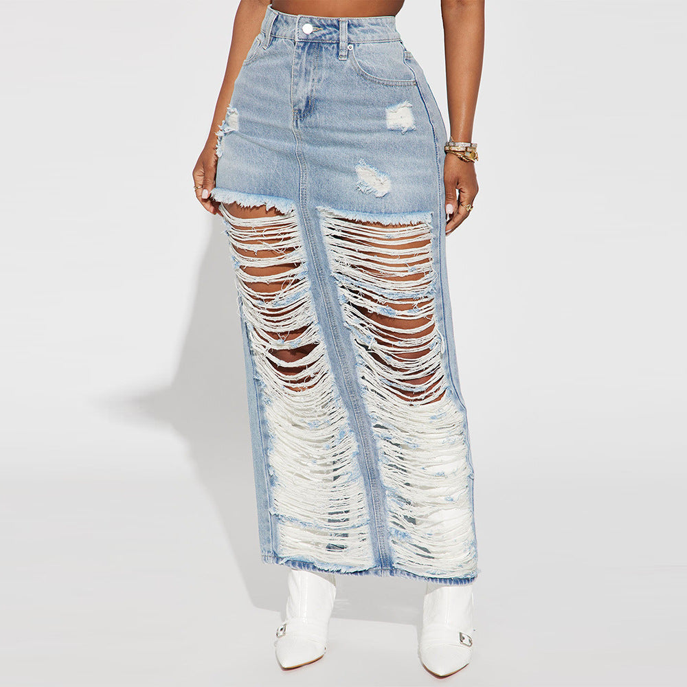 Fashion Personality Denim Wash Pocket Slit Tassel Skirt Female