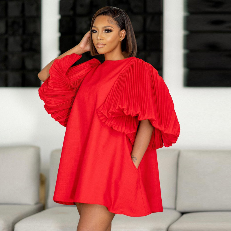 Pleated Lantern Sleeve Doll Dress