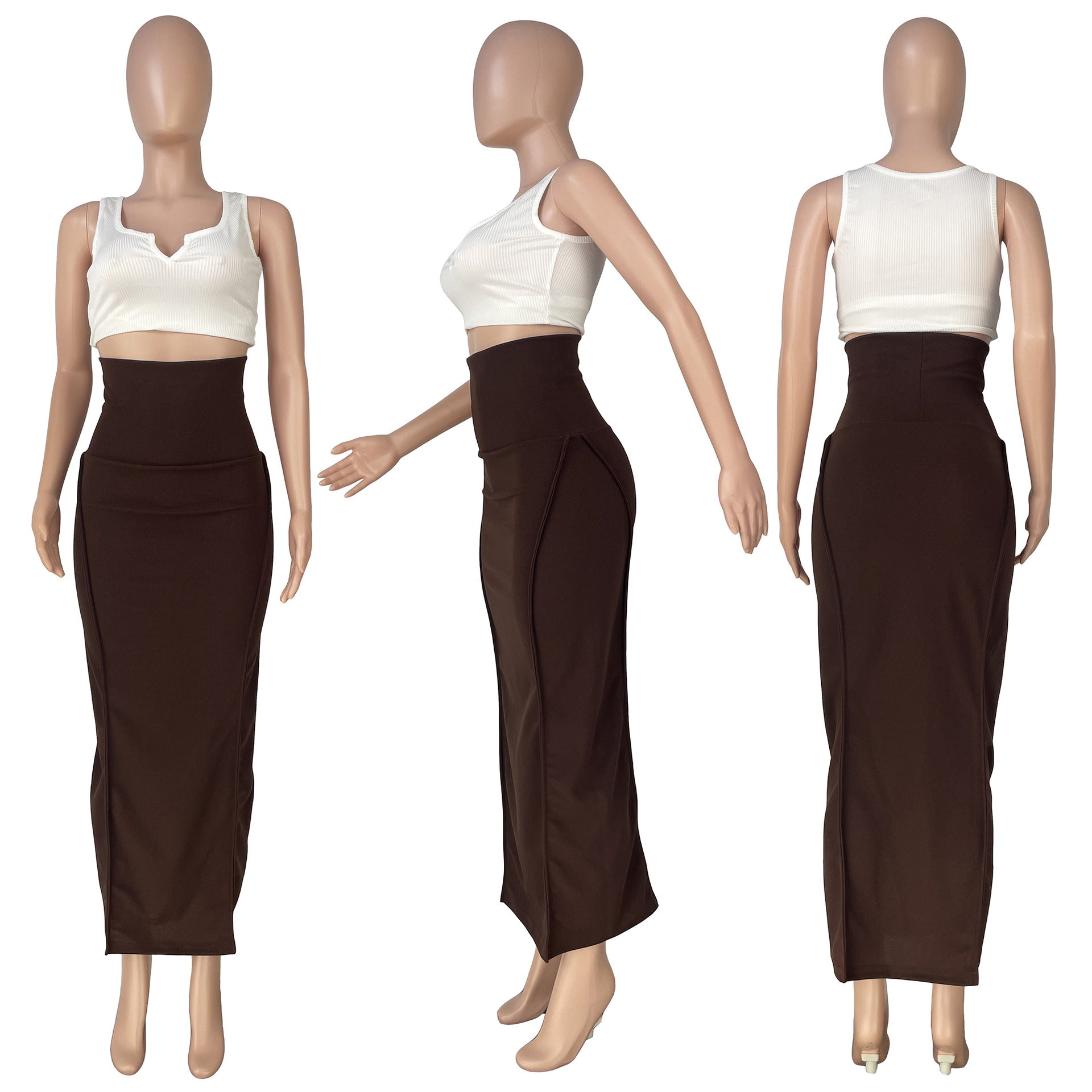 Solid color high waisted elastic waistband patchwork car edge one step skirt long skirt