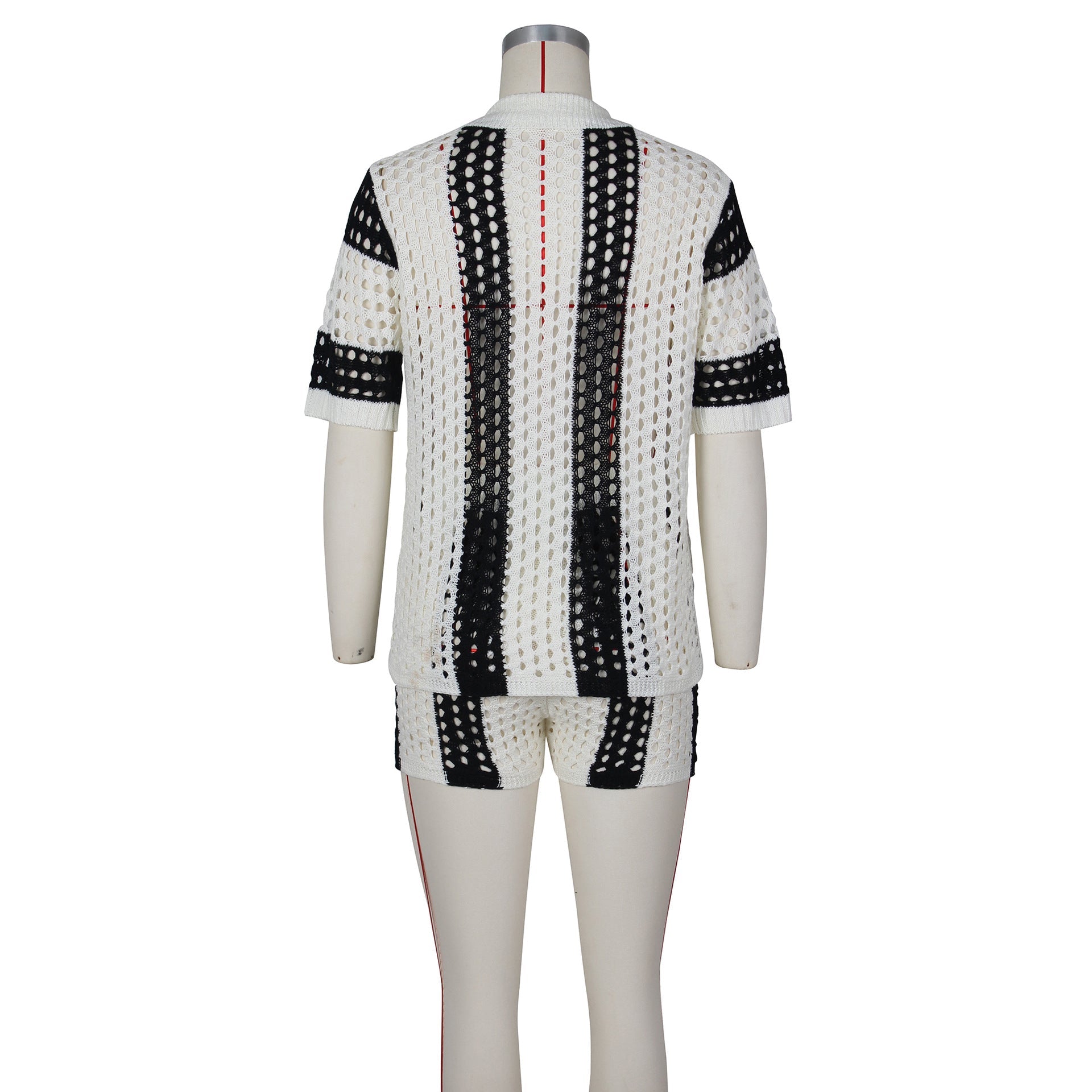 Hollow out See-through Lapel Knitted Shorts Suit