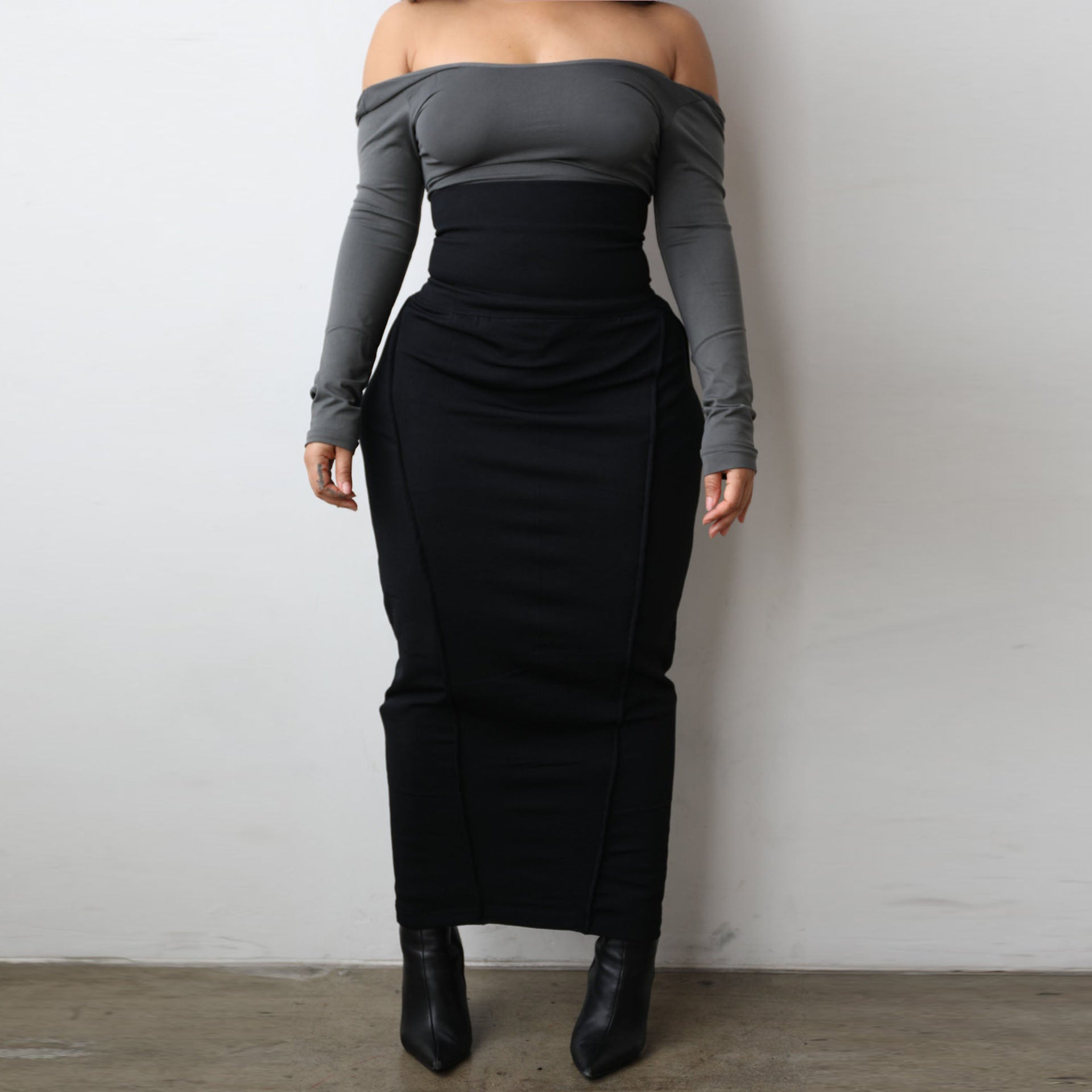 Solid color high waisted elastic waistband patchwork car edge one step skirt long skirt