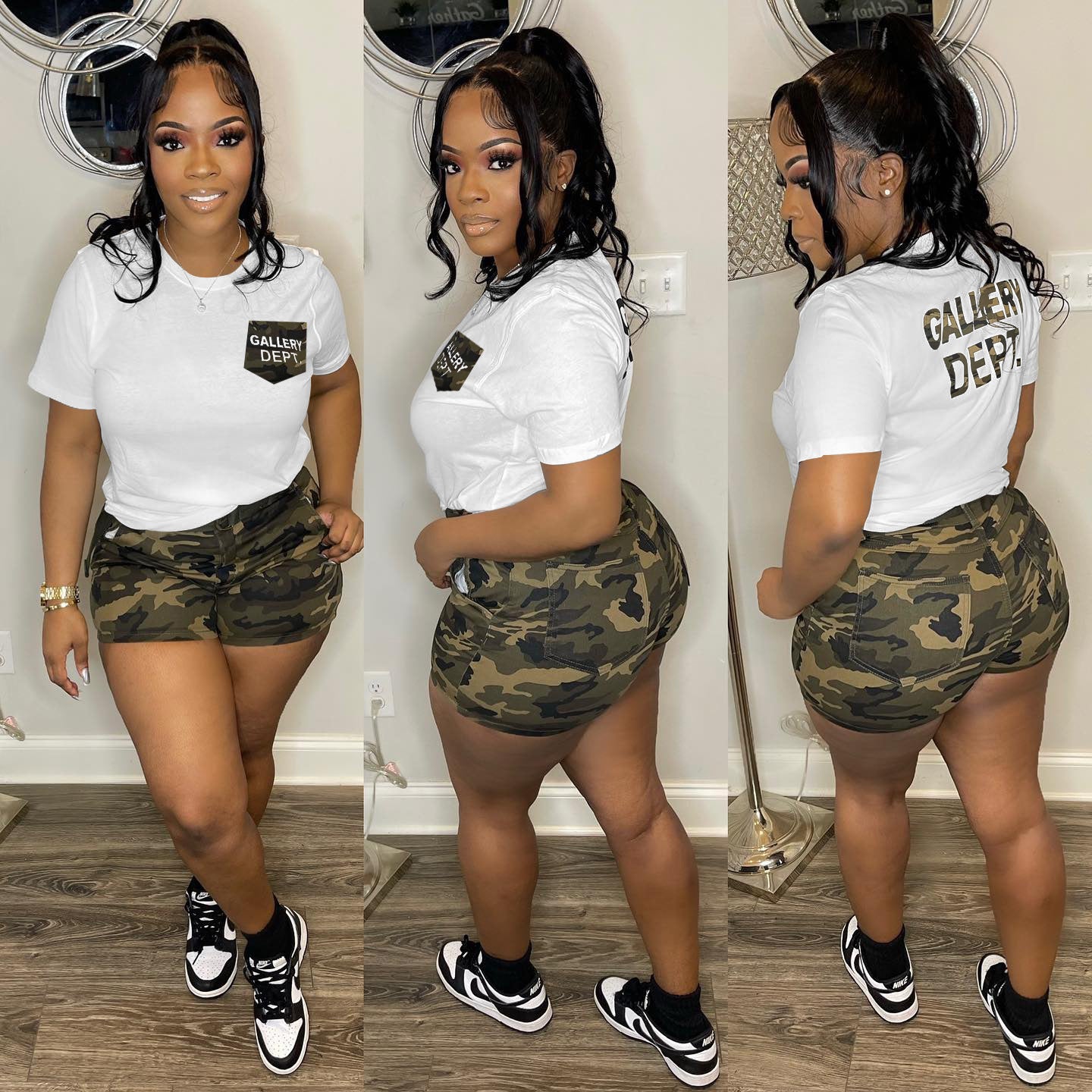 Letter printed camouflage short sleeved shorts set