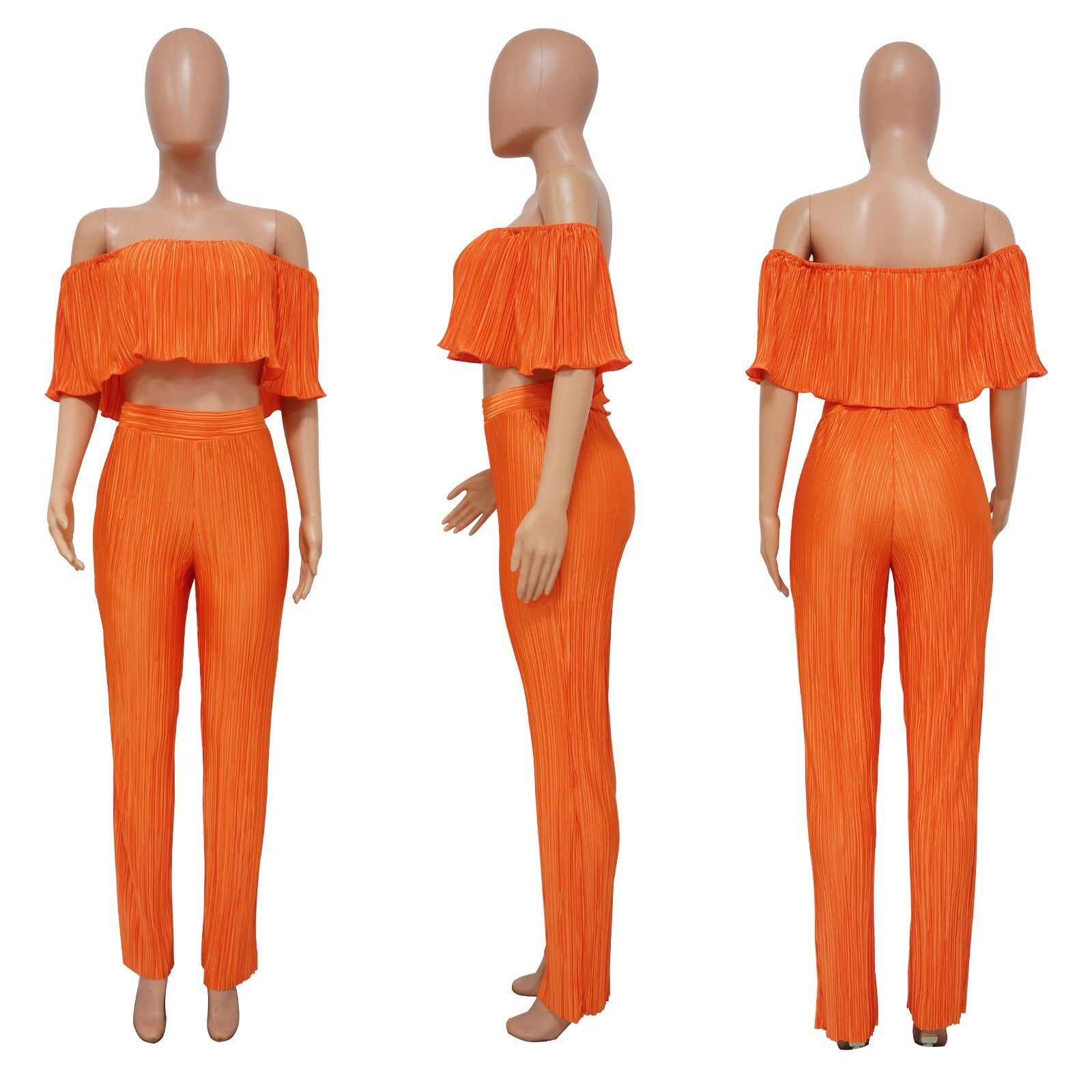 Pleated Ruffled Shoulder Wide-leg Trouser Set