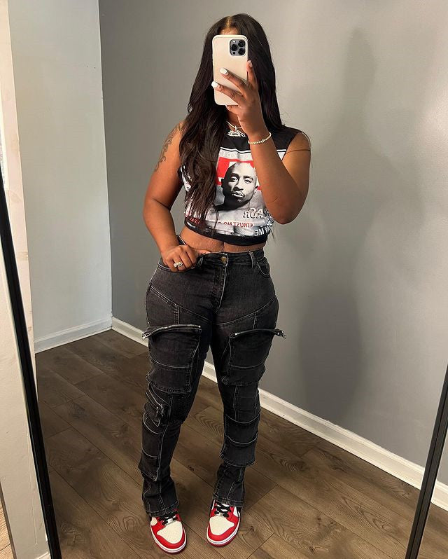 Multi Pocket Zipper Elastic Feet Jeans
