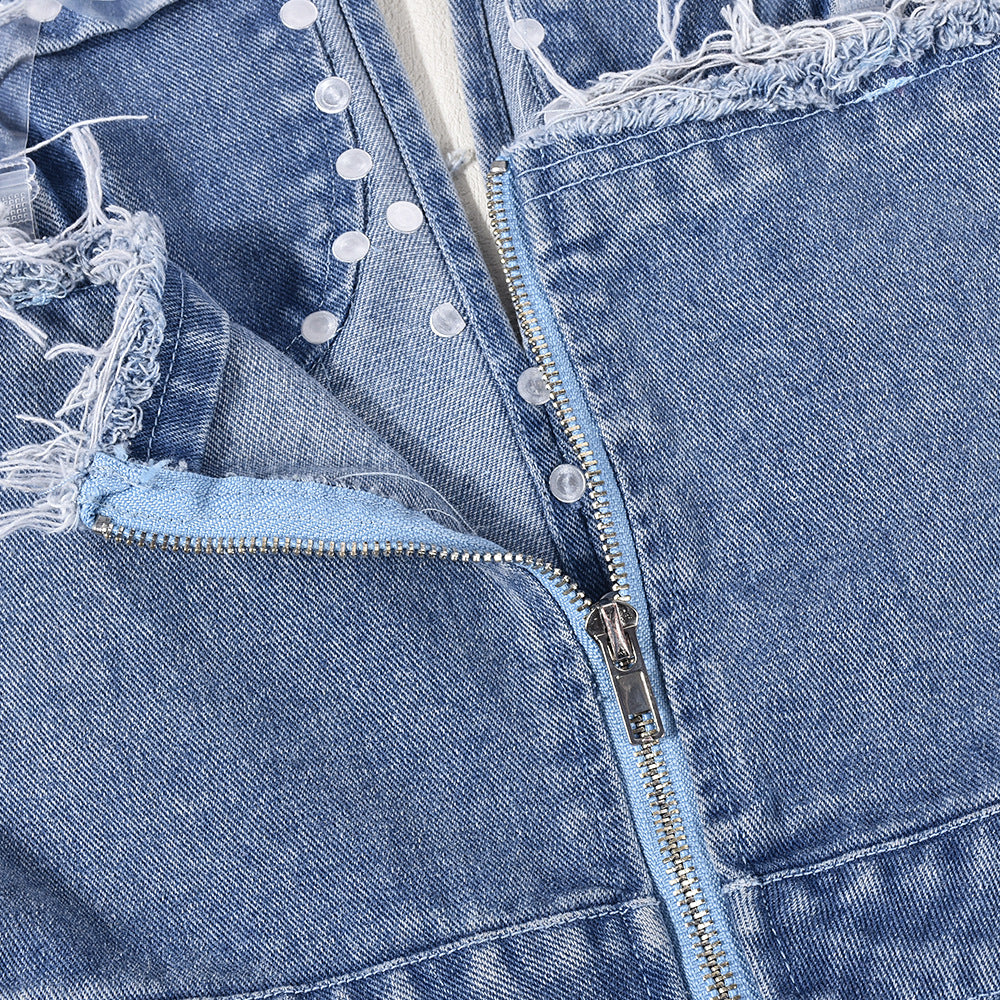 Tassel Hole Rhinestone Washing Water Denim Jumpsuit Female