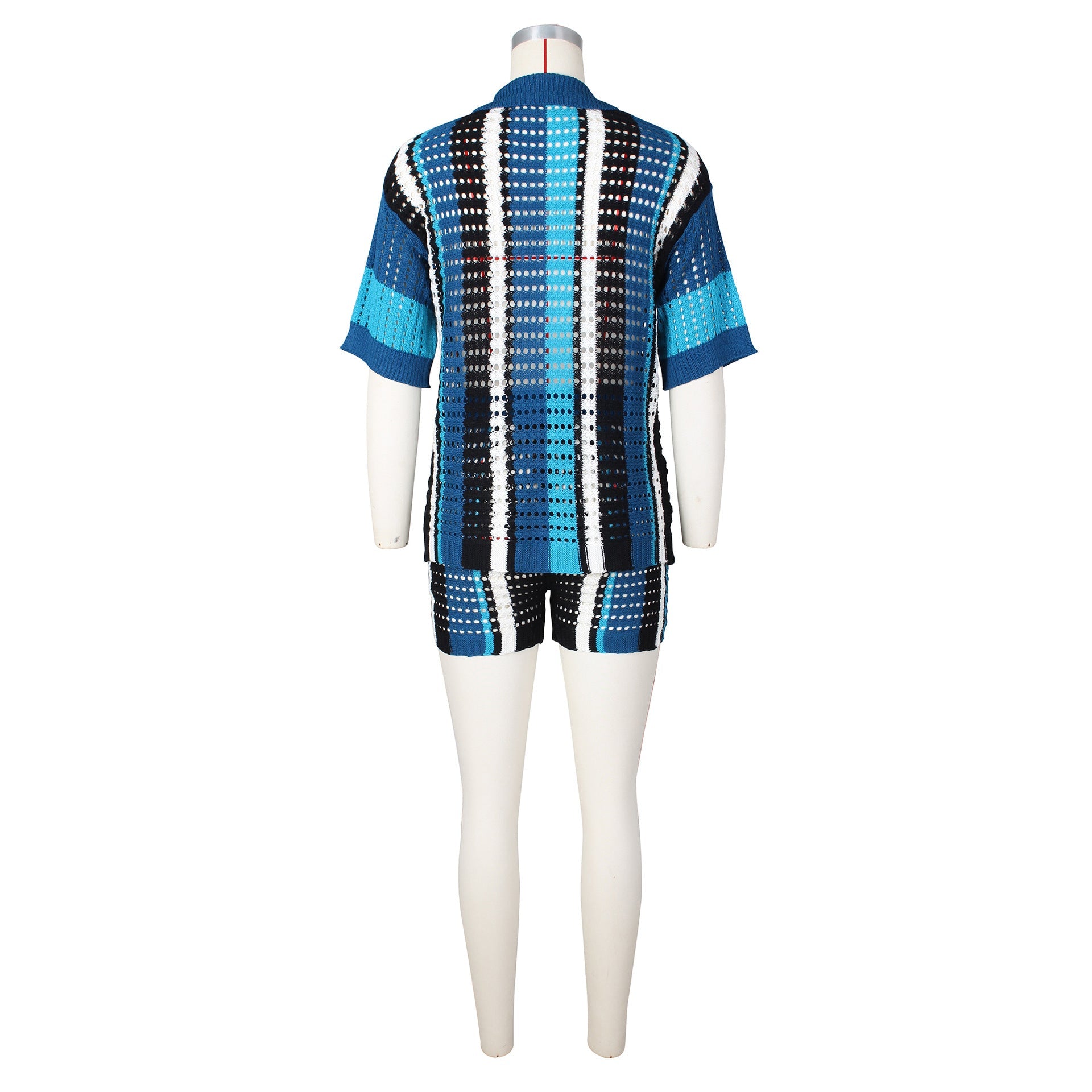 Hollow out See-through Contrast Color Lapels Knitted Shorts Suit