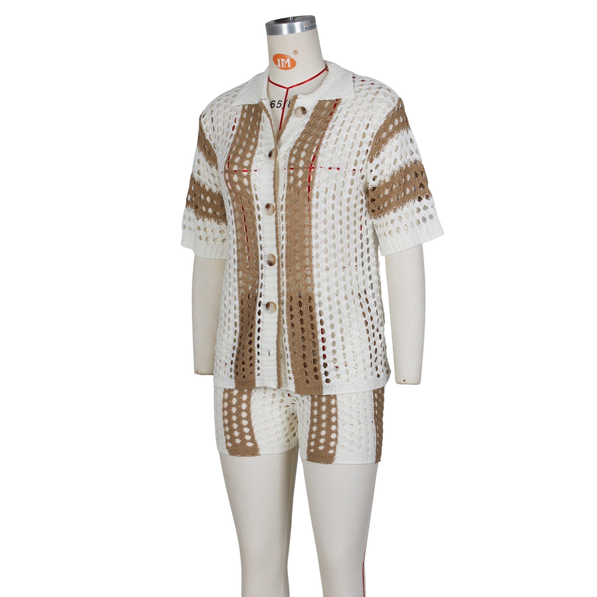 Hollow out See-through Lapel Knitted Shorts Suit