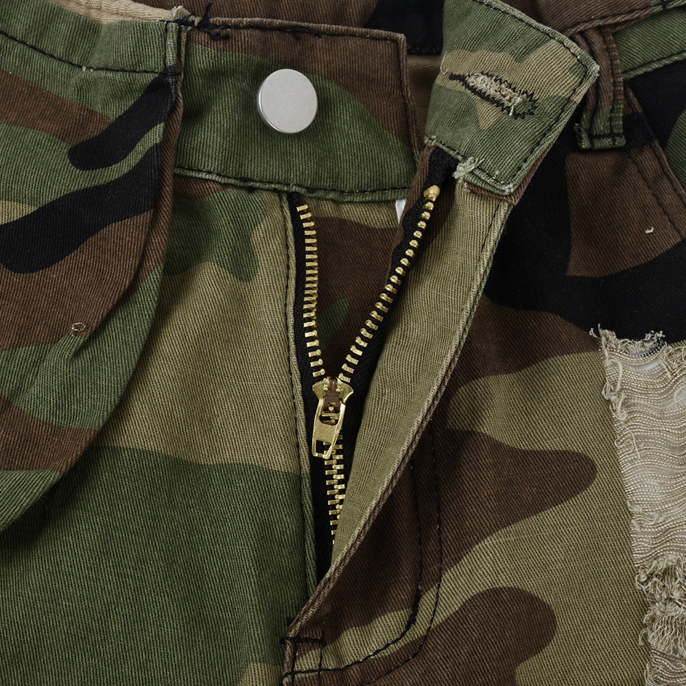 Camouflage Workwear Pocket Tassel Ripped Short
