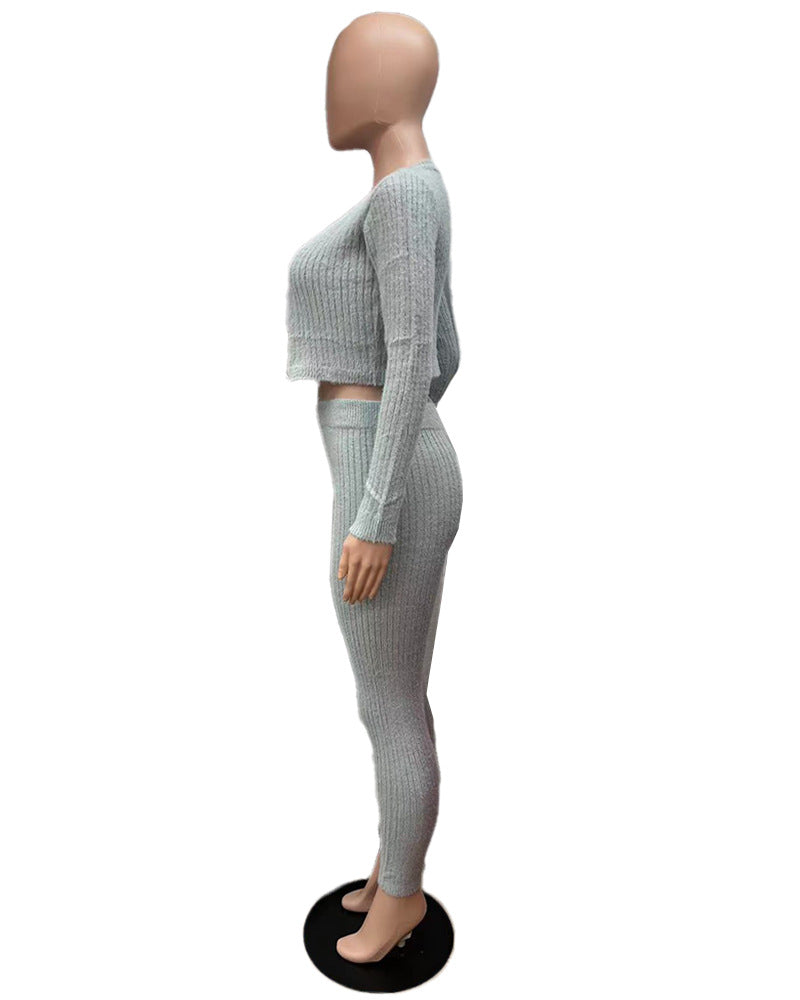Solid Color Knitted Sweater Sexy Slim-Fit Cardigan 3PC Set