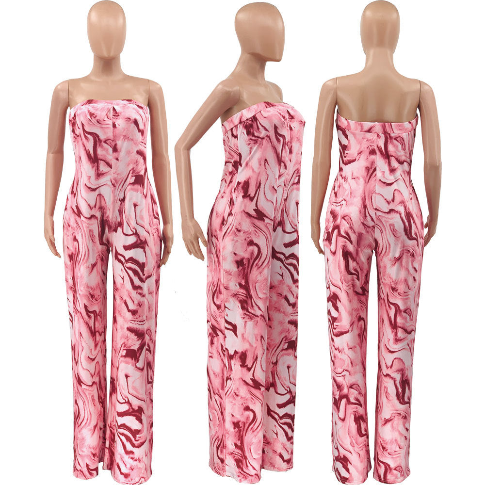 Bandeau Marble-print One-piece Wide-leg Trousers Loose Fit