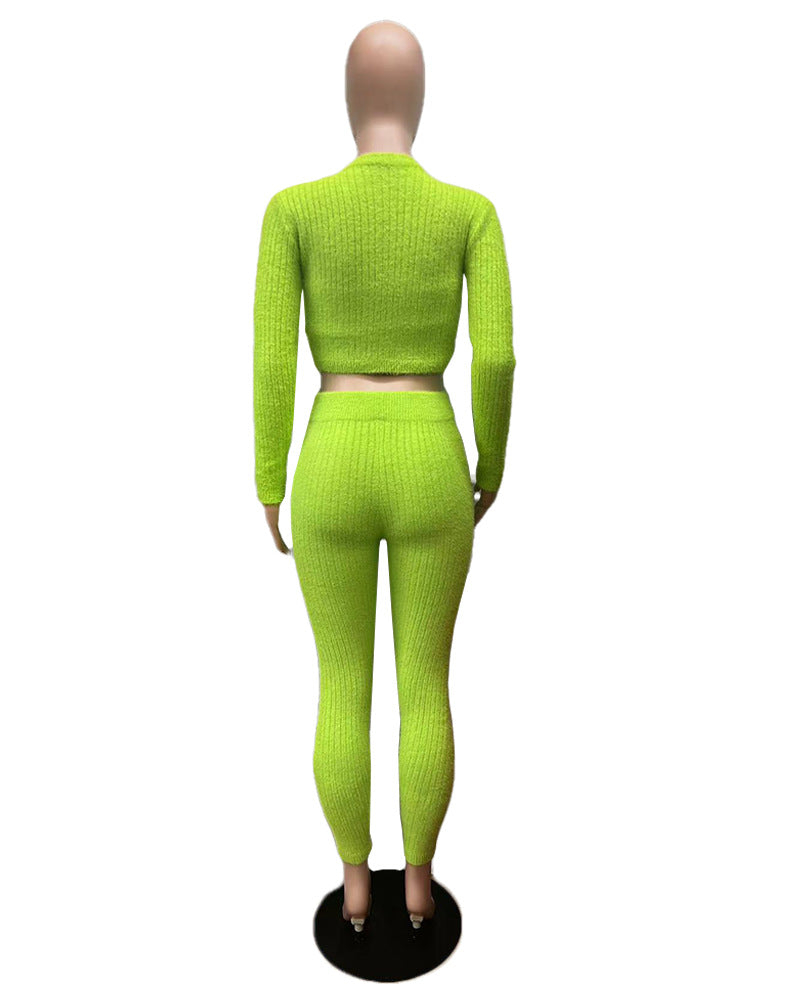 Solid Color Knitted Sweater Sexy Slim-Fit Cardigan 3PC Set