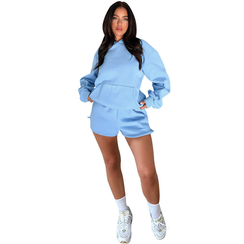 Solid Color Long Sleeved Shorts Hoodie Two-piece Set