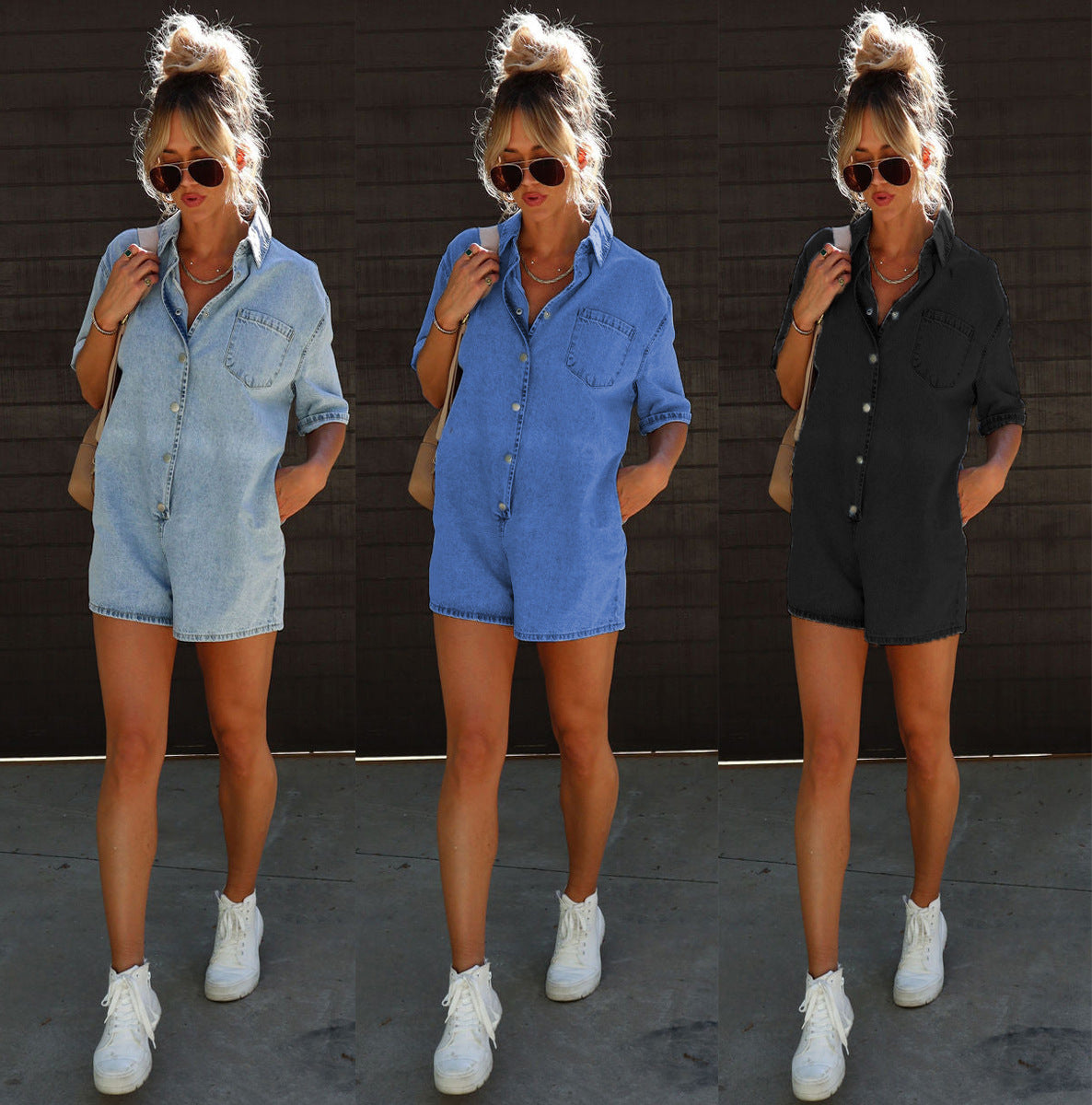 Polo Neck Short Sleeved Shorts Denim Jumpsuit